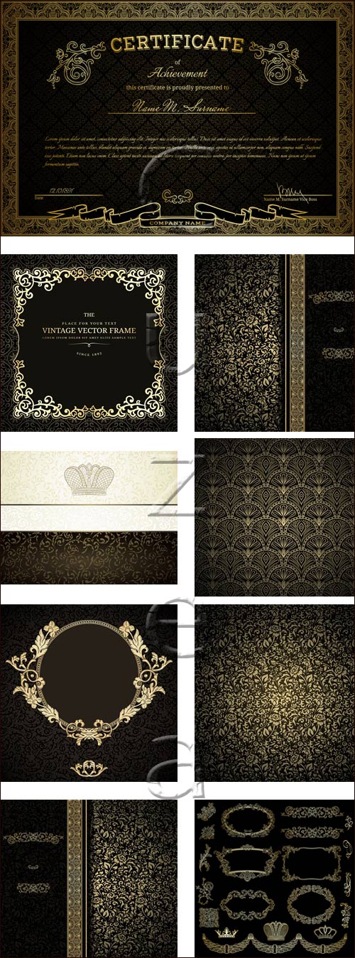 Vintage gold elements for certificate on darc background - vector stock