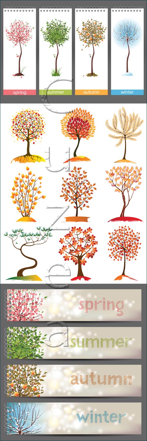      / Seasons banners and vector tree