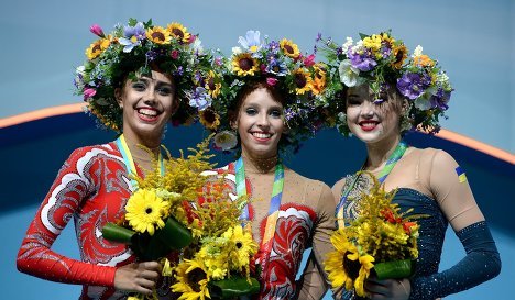 Margarita Mamun (Russia) - gold medal, Yana Kudryavtseva (Russia) - gold medal, Alina Maksymenko (Ukraine) - a bronze medal.
