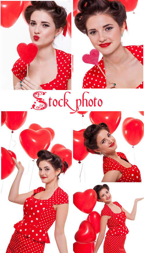 Pin-up brunette woman with red heart - stock photo