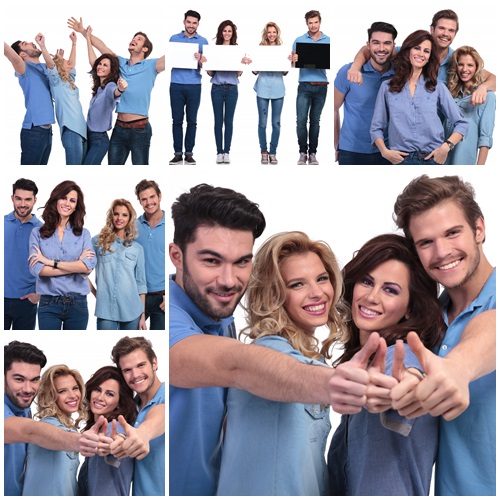 Young people on white backgrounds with banners, 10 - stock photo