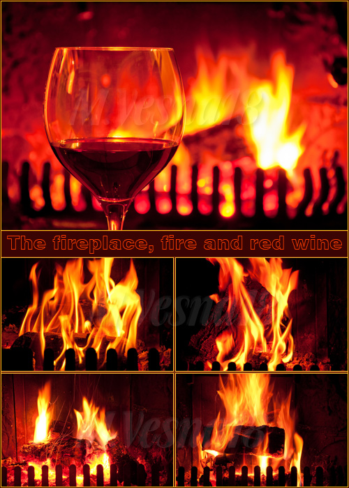 ,    ,   / The fireplace, fire and red wine, raster clipart