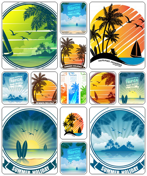 Tropical beach Sunset, Sunrise with Palm Trees in summer  - vector stock
