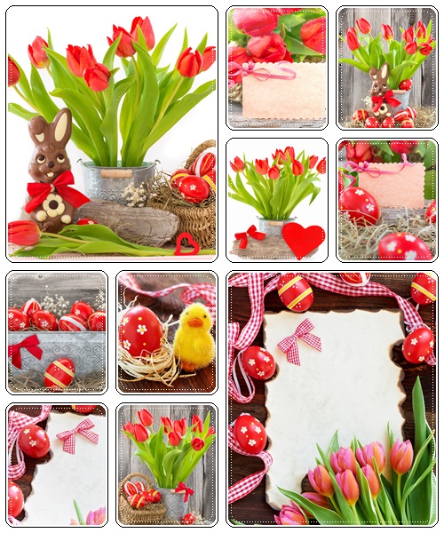 Easter tullips, toys and eggs - stock photo