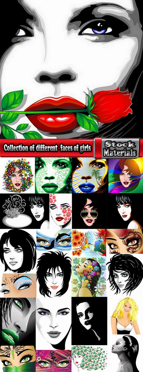Collection of different vector image of beautiful faces of girls 25 Eps