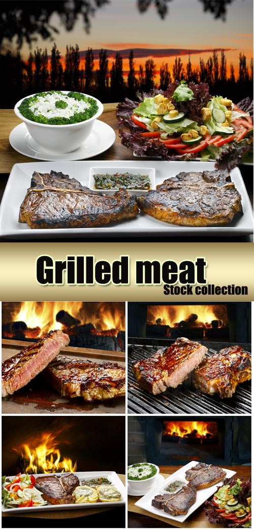 Grilled meats, delicious food - stock photos