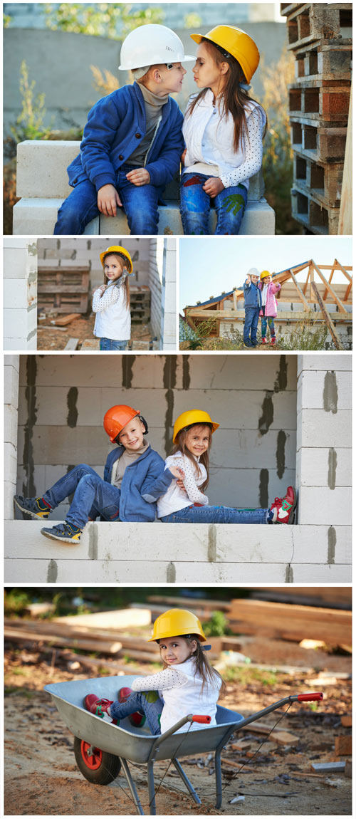 Little kids at a construction site - Stock Photo