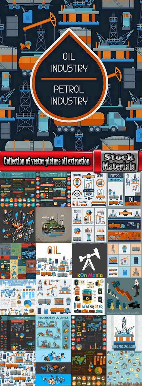 Collection of vector picture oil extraction factory infographics 25 Eps