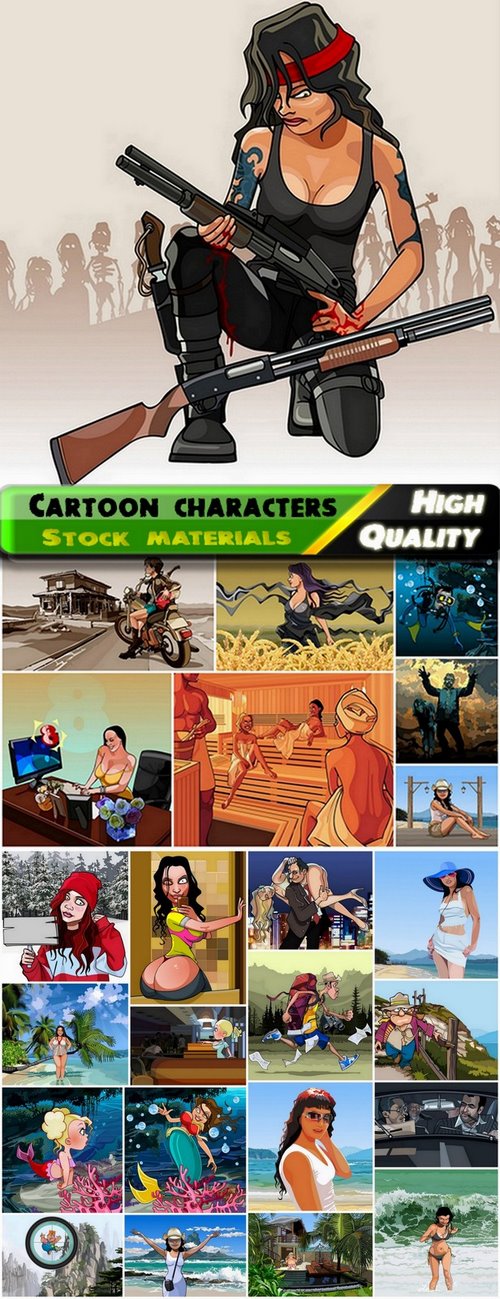 Funny illustrations cartoon characters on different scenery - 25 Eps