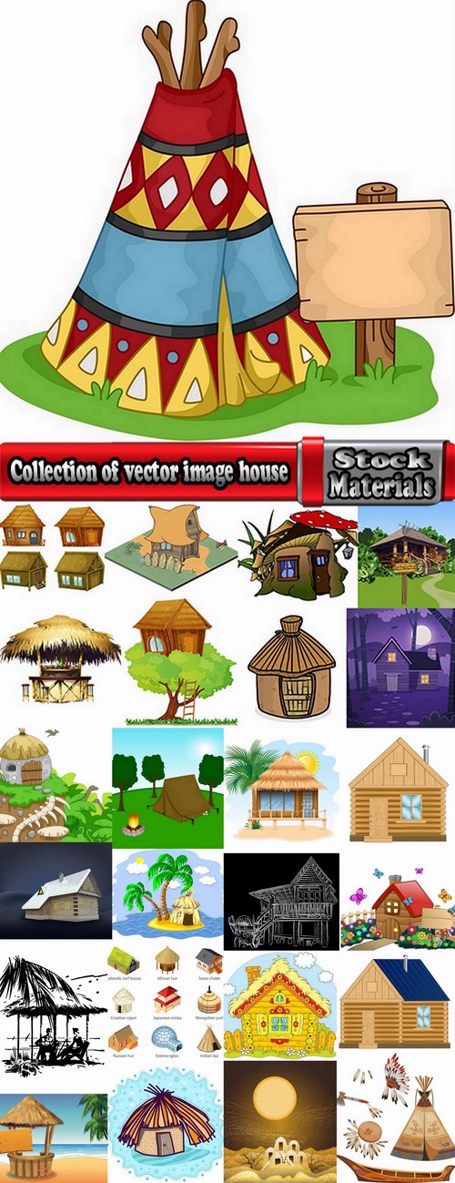 Collection of vector image house and lodge ethnic construction 25 Eps