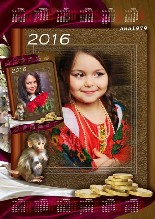 Календарь для фото на 2016 год на русском и английском языках – Монеты на счастье от обезьяны
